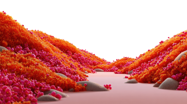 Vibrant Hillscape: A colorful landscape of rolling hills blanketed with a spectrum of blossoms, creates a captivating panorama, the bright hues set against a crisp backdrop.