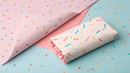 Confetti Sprinkles Motif on Pastel Solid Paper Wrap. Bright confetti dot pattern over soft pastel solid background with paper wrap texture—festive and fun.