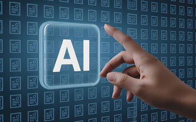 Hand Interacting with AI Button – Futuristic Digital Technology and Data Analysis Concept