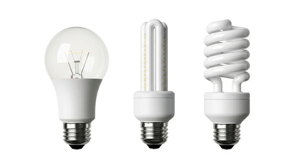 Three light bulbs of different types on a white background.