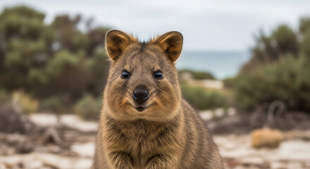 Obraz premium A close-up portrait of a cute and smiling quokka in its natural habitat on Rottnest Island, Australia.