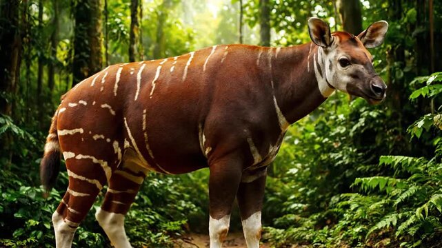 Looping Okapi Animation Walking Through a Lush Green Forest with Filtered Sunlight Highlighting its Striped Legs and Brown Body Animated Background for Nature Documentary Content 3D Render
