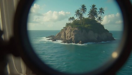 View of a tropical island with palm trees through a porthole