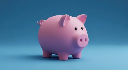Pink piggy bank, ceramic rendering, on blue background with soft shadow