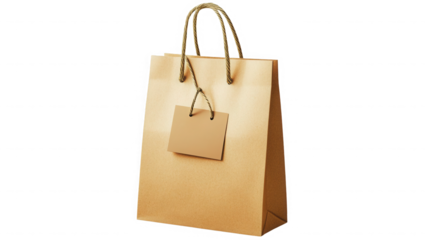 Brown paper shopping bag with a blank tag on transparent background