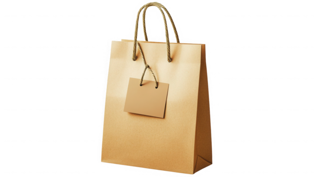 Brown paper shopping bag with a blank tag on transparent background