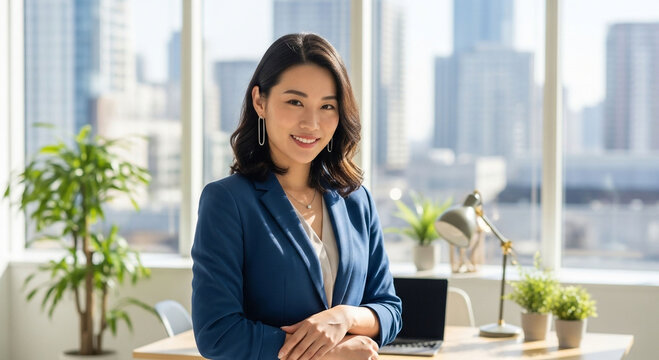 Smiling Asian businesswoman in a blue blazer standing in front of a desk in a modern office setting.
