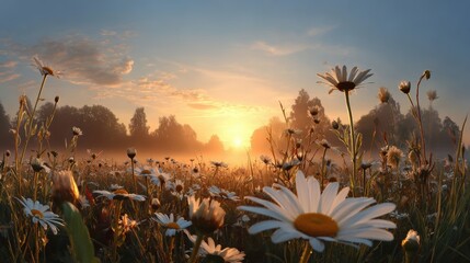 Sunrise Daisy Field Stock Photo - Serene Landscape & Nature Images, Dawn