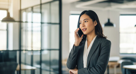 Asian businesswoman in suit talking on phone in modern office.