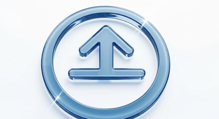 Shiny blue upload symbol upward pointing arrow in circle on white backdrop