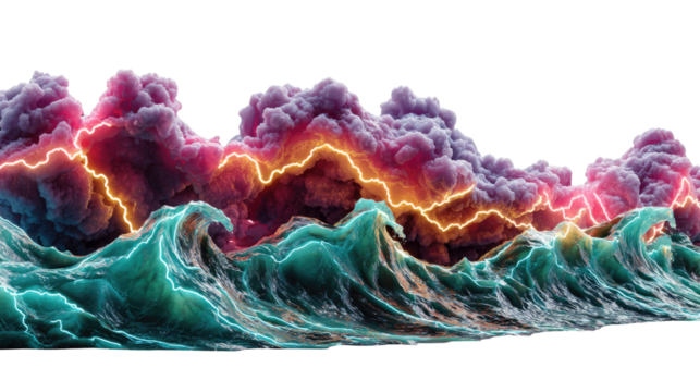Celestial Storm: A dramatic clash between nature's forces, with electric lightning illuminating turbulent, tempestuous waves.