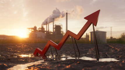 A red arrow pointing up in a puddle with a factory and smoke in the background at sunset time