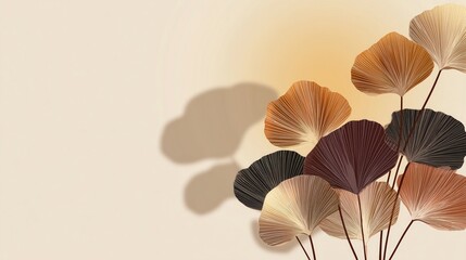 Artistic Ginkgo Leaves Illustration with Neutral Tones and Shadows, Elegant Botanical Design Ideal as Wallpaper, Poster for Home Decor, Nature and Art Themes