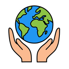 A logo of a planet earth with a palm in the background. A logo or icon with an environment theme.