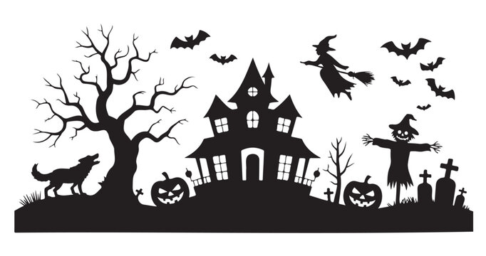 Halloween silhouette scene with haunted house witch and scarecrow spooky vector illustration for holiday de