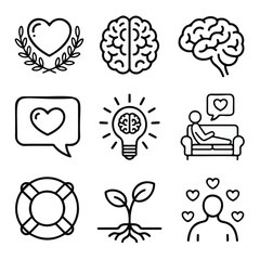 Set of love and mental health icons simple line art symbols for web and app design isolated on white backgr