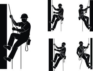 Construction worker climbing rope on building, industrial safety, harnessed worker illustration, black and white silhouette of rope access