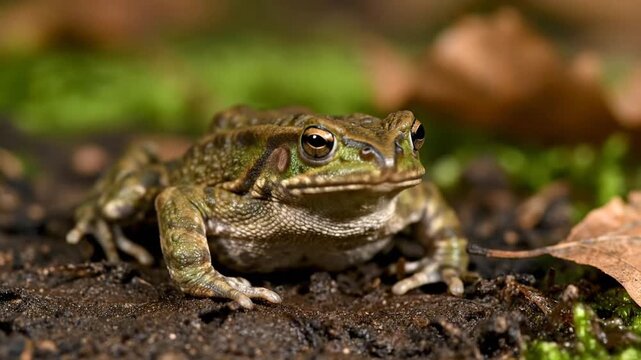 Olive Toad Standing on the Ground with Mossy Background Perfect for Wild Nature and Ecosystems Studies Involving Amphibians Wildlife Photography and Environmental Campaigns