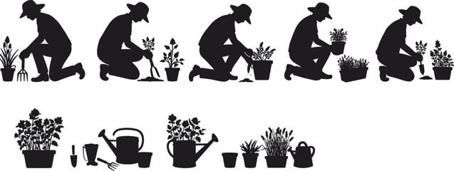 Gardening silhouette illustration, man planting flowers, watering plants, garden tools, horticulture activity, outdoor work, potted plants, agriculture, landscaping, eco lifestyle