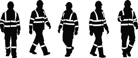 Construction workers wearing safety reflective clothing, silhouettes of industrial workers walking, high visibility jacket, workplace safety and construction industry illustration