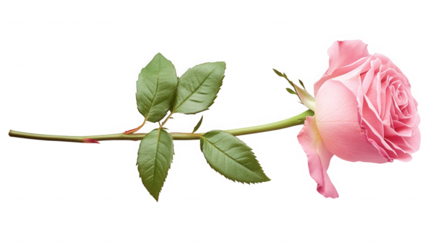 Elegant pink rose lying horizontally against a stark black studio background today on transparent background