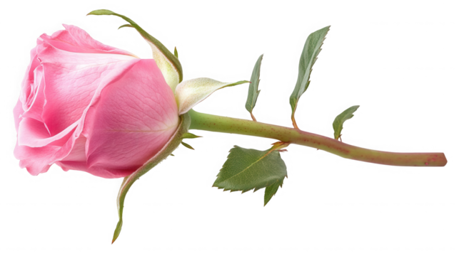 Delicate pink rose blossom lying horizontally against a stark on transparent background