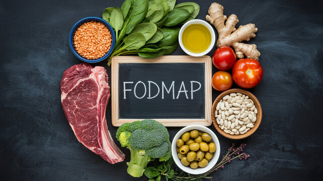 Fodmap diet concept with fresh ingredients and chalkboard on a dark background flat lay view