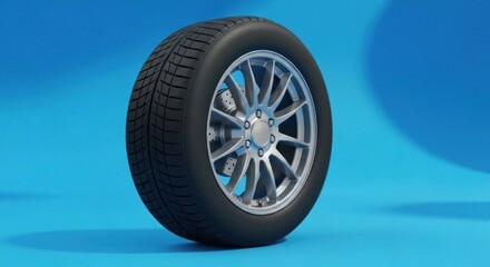 Obraz premium Tire with silver rim on a blue backdrop, cast shadow, sleek and modern
