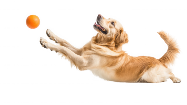 Golden retriever dog leaping to catch an orange ball against a on transparent background