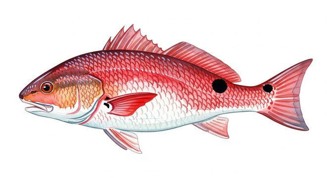  Red Drum fish Watercolor style digital painting for graphic design decoration, gifts or print design, animals, fish in water, river, sea, lake life