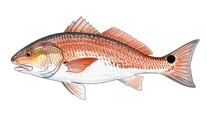  Red Drum fish Watercolor style digital painting for graphic design decoration, gifts or print design, animals, fish in water, river, sea, lake life