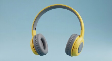 Naklejka premium Yellow/grey headphones on blue background. Studio lighting. Center