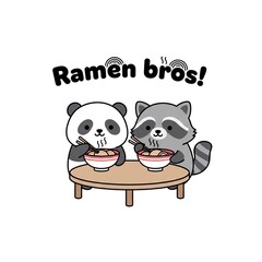 Panda and Raccoon Eating Ramen