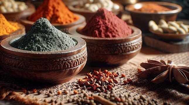 Vibrant Spices in Wooden Bowls A Colorful Culinary Display for Flavor and Aroma