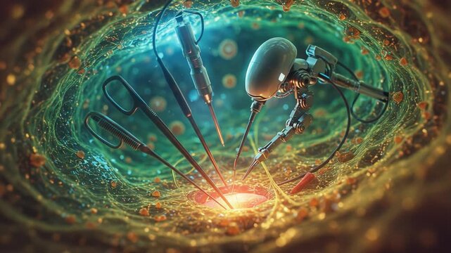 An Advanced Robotic Device Engaging in Precise Micro-Manipulation Within a Vibrant Cellular Environment, Showcasing the Intersection of Technology and Biology