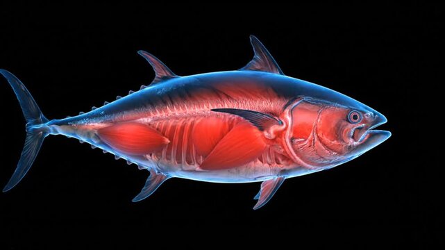 Tuna Fish Anatomy Visualization in 3D Animation Loop on Black Backdrop Featuring Detailed Muscular Structure and Internal Organs for Scientific Study and Commercial Promotion Near 200 Char