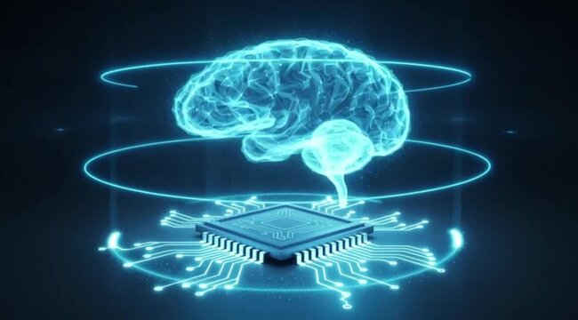 Abstract glowing blue brain hologram emerging from a futuristic computer chip with circuit board connections on a dark background