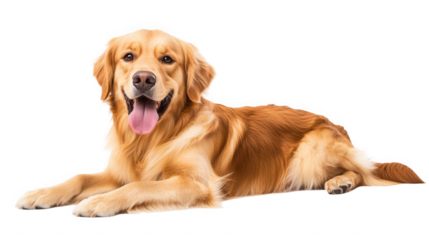 Happy golden retriever dog lying down with its tongue out on transparent background