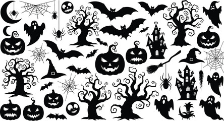 Big set of halloween silhouettes black icon and character. Design of witch, creepy and spooky elements for halloween decorations, sketch, icon, sticker.