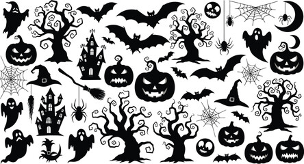 Naklejka premium Big set of halloween silhouettes black icon and character. Design of witch, creepy and spooky elements for halloween decorations, sketch, icon, sticker.
