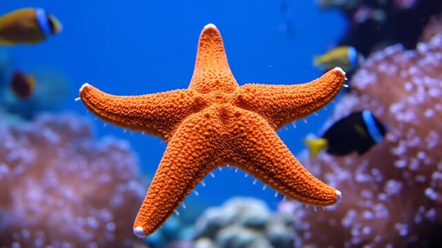 Vibrant Orange Starfish Floating Gracefully Against a Coral Reef Backdrop in a Crystal Clear Blue Ocean Aquarium Water With Other Fish Swimming Pass Looping Background