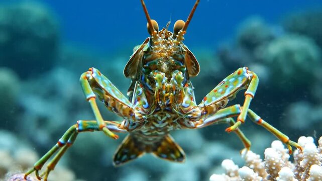 Vibrant Peacock Mantis Shrimp Close Up View of Colorful Crustacean Among Coral Reefs on Tropical Seascape Background Underwater Marine Wildlife Life With Blue Hues In Clear Waters