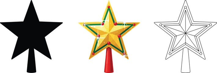 Obraz premium Illustration of three star ornaments in different styles silhouette, color, and outline