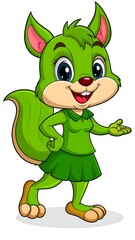 Cartoon squirrel character in a green outfit walking