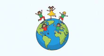 A group of multicultural children joyfully playing on top of planet Earth.