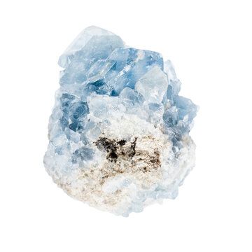 Raw blue celestite crystal cluster isolated on white.