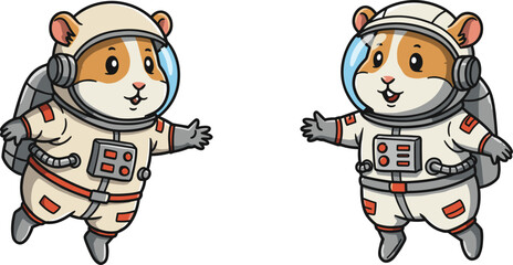 Cute astronaut hamsters floating in space, adorable cartoon animals in spacesuits, cosmic adventure illustration, space exploration concept for kids