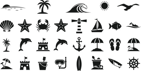 Collection of summer beach and ocean icons and symbols isolated on transparent background © ai HUB