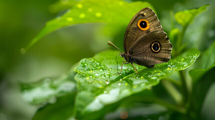 Butterfly perched on dewy leaf