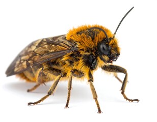 Close-up of a furry insect with translucent wings and intricate legs